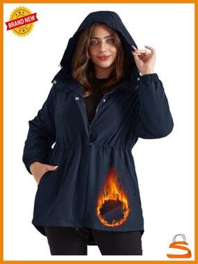 Plus Size Waterproof Fleece Lined Rain Jacket Hooded Windbreaker